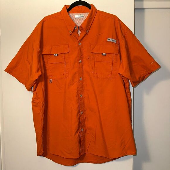 Columbia PFG Mens XL Short Sleeve Button Down Collared Shirt Orange EUC - Picture 2 of 10